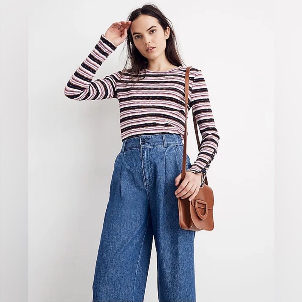 Madewell Button Sleeve Tee in Elsie Stripe Size Small Navy and Purple